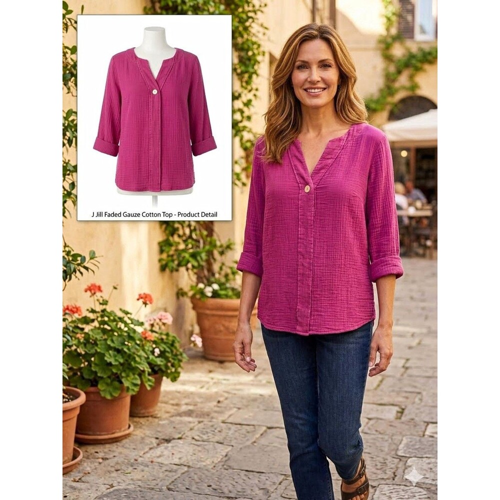 Purejill Gauze Cotton Top M Petite J.Jill  Womens Soft Magenta Casual Breathable